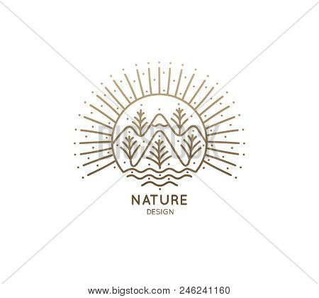 Nature Logo Of Mountains, Trees, River. Linear Icon Of Landscape On The Background Of The Sun. Vecto