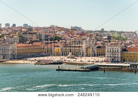 Lisbon, Portugal - May 19, 2017: Commerce Square (praca Do Comercio) In Lisbon Viewed From Tajo Rive