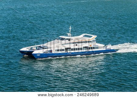 Lisbon, Portugal - May 19, 2017: High Speed Passenger Catamaran Ferry Aroiera Goes In The Tagus Rive