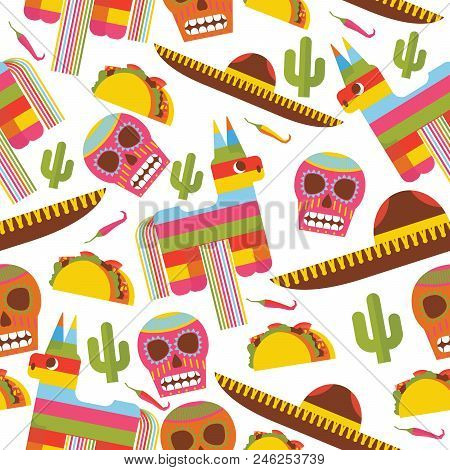 Seamless Pattern With Pinata, Sombrero Hat, Scull, Taco And Cactus. Design Dedicated To Mexica And M