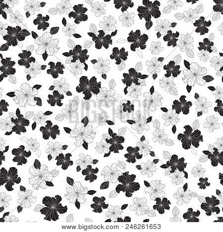 Tiny Ditsy Flower Seamless Vector Repeat Texture Pattern In Black And White. Surface Pattern Design.