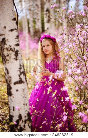 A Child With A Long Blond Hair Stands Among The Ledum And Birch In A Pink Dress And Smiling