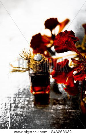 Close Up Of Orange Colored Flowers Of Flame Tree Or Gulmohor Or Goolmohor On A Wooden Surface With I