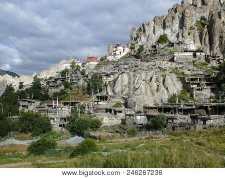 Bhraka Village, Old Village Between Rocks, Annapurna Circuit Trek In Nepal