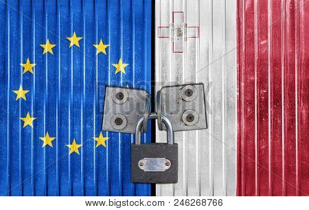 Eu And Malta Flag On Door With Padlock