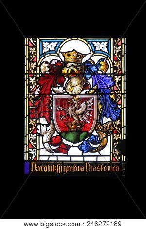 ZAGREB, CROATIA - SEPTEMBER 26: Coat of arms of the Counts Draskovic, stained glass in Zagreb cathedral dedicated to the Assumption of Mary in Zagreb on September 26, 2013.