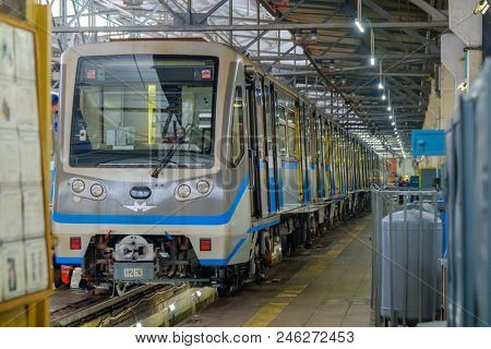 Moscow, Russia - April 15, 2018: Subway train metro depot Krasnaya presnya interior