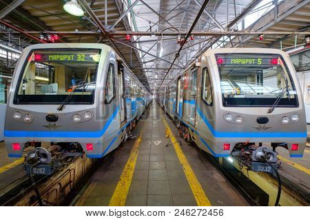 Moscow, Russia - April 15, 2018: Subway train metro depot Krasnaya presnya interior