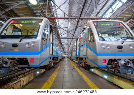 Moscow, Russia - April 15, 2018: Subway train metro depot Krasnaya presnya interior