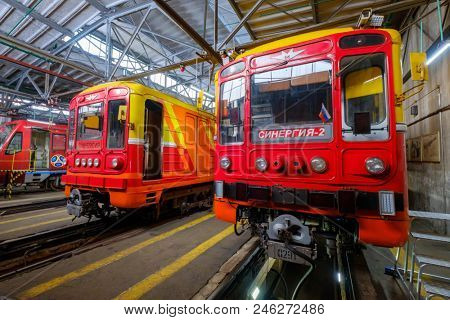 Moscow, Russia - April 15, 2018: Subway train metro depot Krasnaya presnya interior