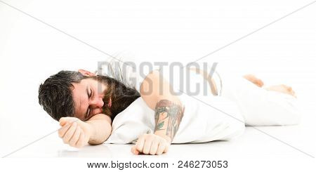 Hipster With Beard Fall Asleep, Sleeps Well. Man With Sleepy Face Lies On Pillow. Man With Beard And