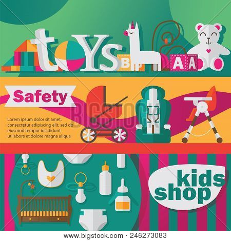 Vector Set With Horizontal Banners For Newborn Baby Care Shop Or Kids Toys Store In Bright Colors.