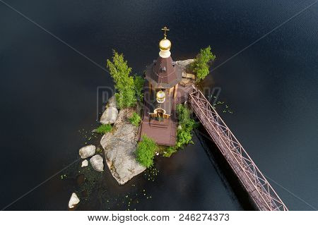 Church Of The Apostle Andrew The First-called On The Vuoksa River. View From Height, Aerial Photogra