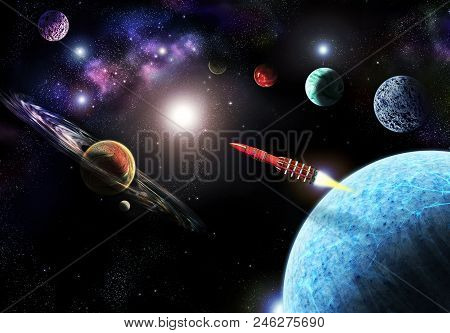 Flying Rocket In Space Among Various Planets. Interplanetary Flight