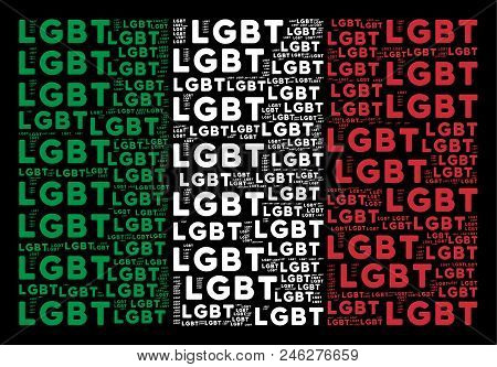 Italy Flag Flat Concept Combined With Lgbt Text Items On A Black Background. Vector Lgbt Texts Are C