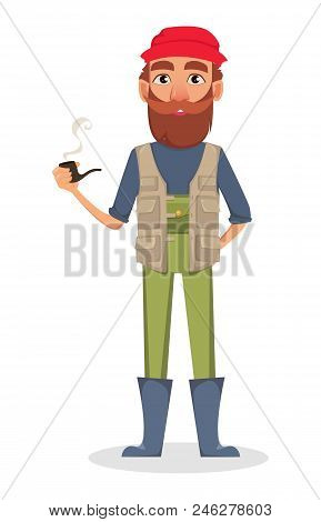 Fisher Cartoon Character. Fishermen Holding Smoking Pipe. Vector Illustration On White Background