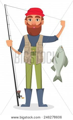 Fisher Cartoon Character. Fishermen Holding Fishing Rod With Caught Fish. Vector Illustration On Whi