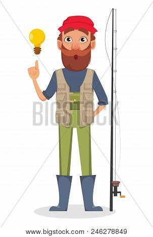 Fisher Cartoon Character. Fishermen With A Good Idea. Vector Illustration On White Background