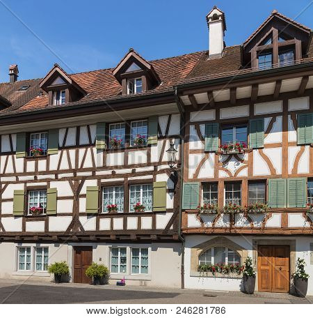 Bremgarten, Switzerland - June 16, 2018: Buildings Of The Historic Part Of The Town. Bremgarten Is A