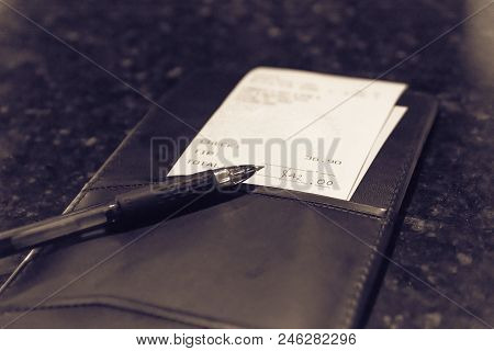 Vintage Tone Leather Holder With Restaurant Bill Check And Pen