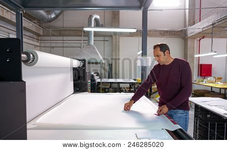 Calender transfer machine production operator man for textile fashion printing industry factory