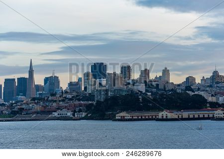 San Franciso, Ca -- January 25, 2016.  San Francisco Skyline Around Ghiradelli Square As Seen From T