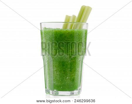 A Glass Of Healthy Smoothies Made Of Lettuce Is Situated On The White Background.