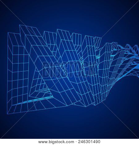 Futuristic Tunnel Of Wireframe Low Poly Mesh Construction. Futuristic Background, Business Concept. 