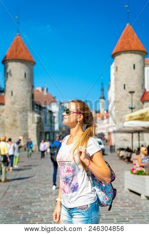 June 10, 2018. Tallinn, Estonia. Young Girl Exploring Tallinn City Including Old Town, Modern Distri