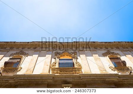 Noto, Italy - Traditional Window Design In The Monastery Close To San Francesco D'assisi Church