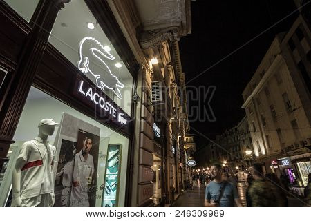 Belgrade, Serbia - June 16, 2018: Logo Of Lacoste On Their Main Store For Belgrade. Lacoste Is A Fre