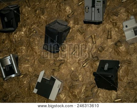 Coffee Maker Mashine As Decor On The Wall. Creative Textures. Abstract Background.
