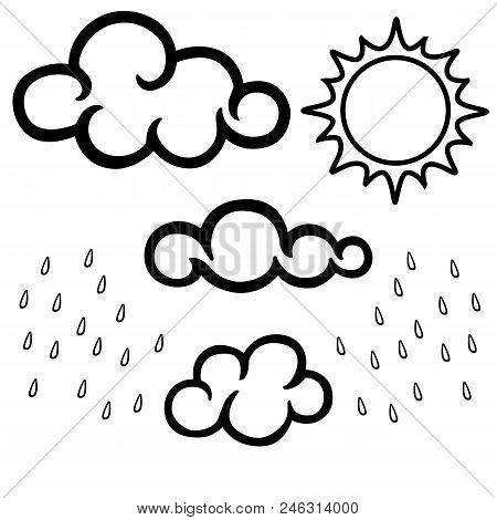 Clouds, Sun And Rain. Black And White Linear Set. Coloring Book For Adult And Older Children