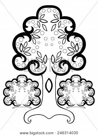 Tree And Bushes With Leaves And Fruits. For Coloring. Coloring Book For Adult And Older Children