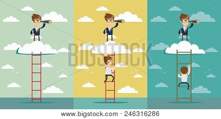 Business Leadership Concept With Businessman Standing On A Ladder Going Throught The Cloud And Looki