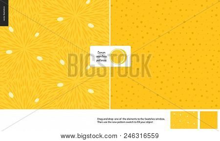 Food Patterns, Summer - Fruit, Lemon Texture, Small Half Of Lemon Image In The Center -two Seamless 