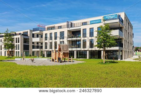 Bremgarten, Switzerland - June 16, 2018: New Residential Buildings Along Augraben Street In Bremgart