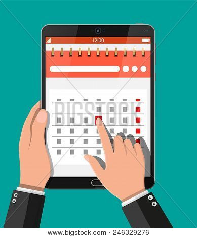 Save The Date. Businessman Set Date. Paper Spiral Wall Calendar In Tablet Pc. Calendar Flat Icon. Sc