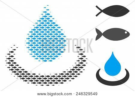 Fish Drop Ripple Halftone Collage. Vector Fish Items Are United Into Drop Ripple Collage. Seafood De