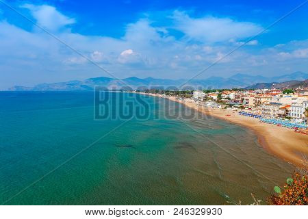 Sea Landscape With Sperlonga, Lazio, Italy. Scenic Resort Town Village With Nice Sand Beach And Clea