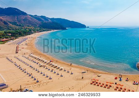 Sea Landscape With Sperlonga, Lazio, Italy. Scenic Resort Town Village With Nice Sand Beach And Clea