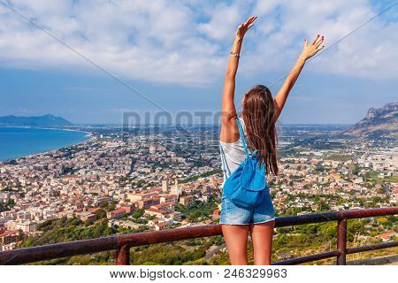 Young Tourist Woman And Sea Landscape With Terracina, Lazio, Italy. Scenic Resort Town Village With 