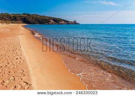 Panoramic Sea Beach Landscape Near Gaeta, Lazio, Italy. Nice Sand Beach And Clear Blue Water. Famous