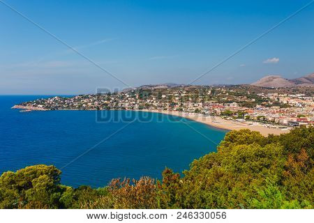 Panoramic Sea Landscape With Gaeta, Lazio, Italy. Scenic Historical Town With Old Buildings, Ancient