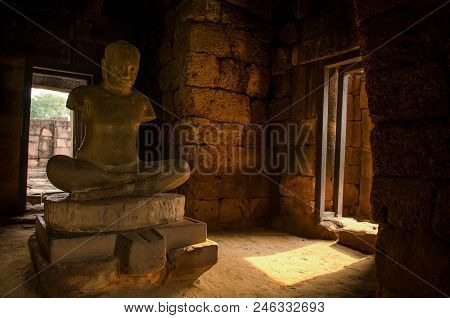 Stone Statue King Jayavarman 7, Arm Was Cut Off In Stone Castle Of Phimai Historical Park, Thailand.