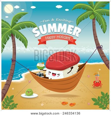 Vintage Summer Poster With Maguro Sushi Character, Sleeping Net, Palm Tree.