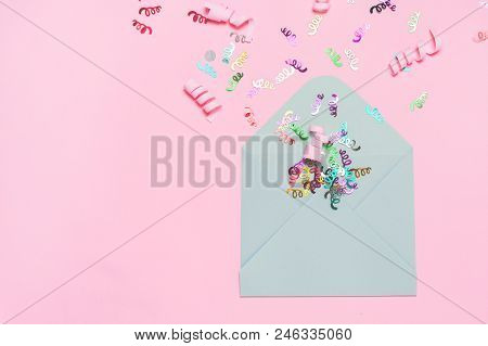 Festive Bright Confetti In Envelopes On Tink Background. Copy Space For Your Text. Top View, Flat La