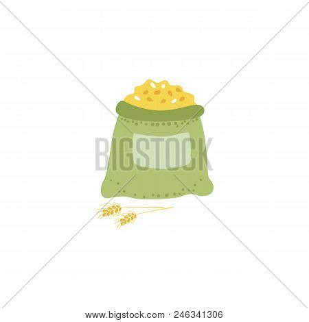 Opened Green Sack Full Of Grain - Symbol Of Canvas Bag Filled With Bulk Materials And Wheat Ears Iso