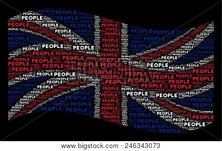 Waving United Kingdom State Flag On A Black Background. Vector People Text Elements Are Formed Into 