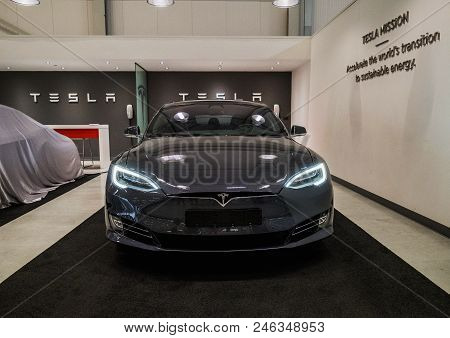 Tilburg, Netherlands - May 31, 2018: New Tesla Car In Factory Tesla Tilburg.. Tesla Motors Assembly 